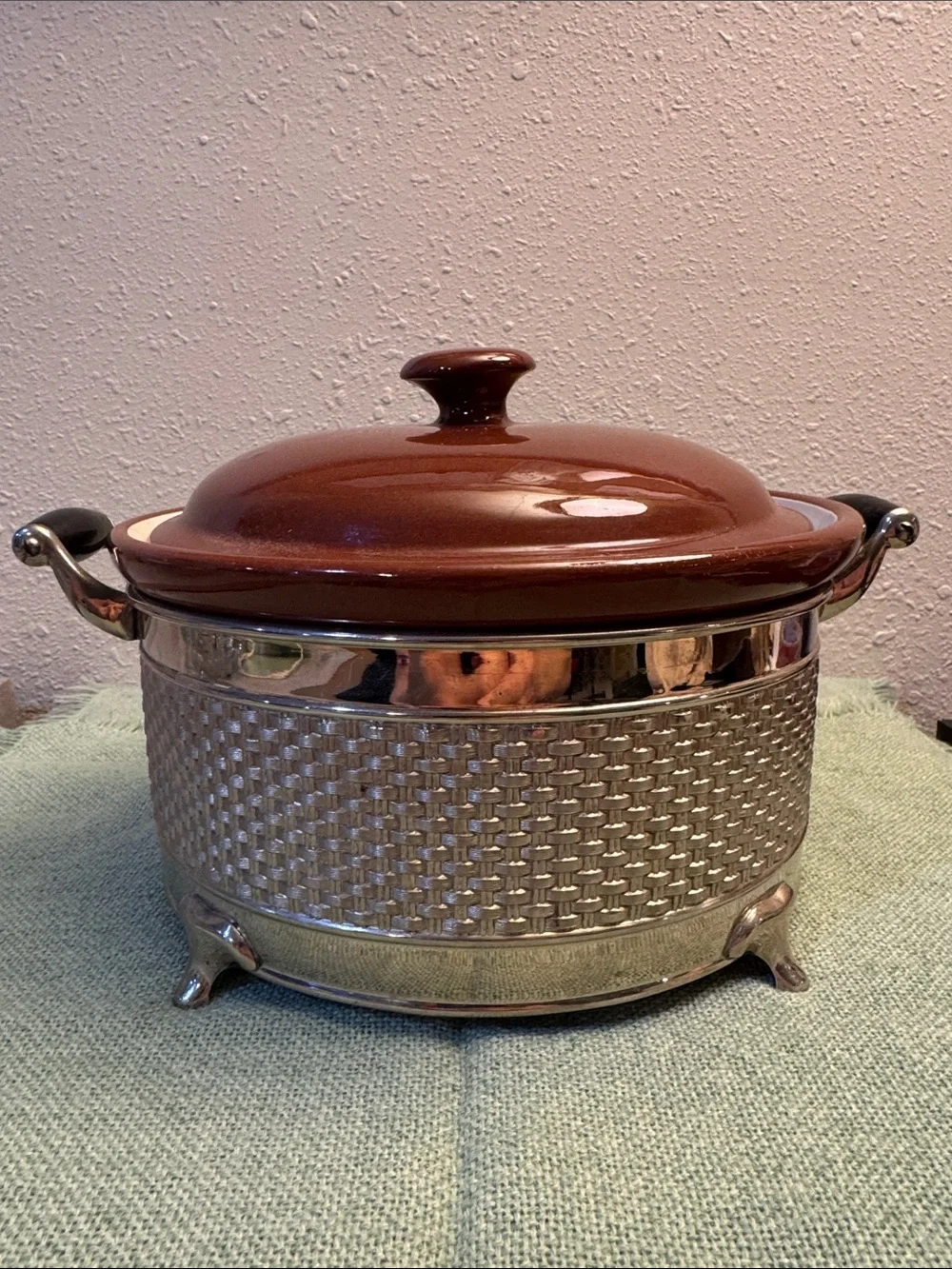 Classic Vintage Casserole Ceramic Crock with lid and Silver-tone Metal Base